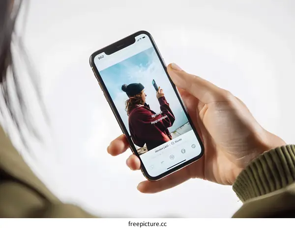 Person Holding a Smartphone Showing a Photo of a Young Woman Taking a Selfie