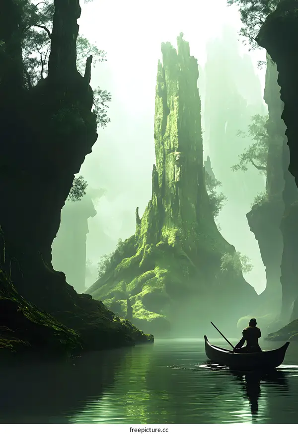 Man Rowing Boat Through Misty Green Canyon