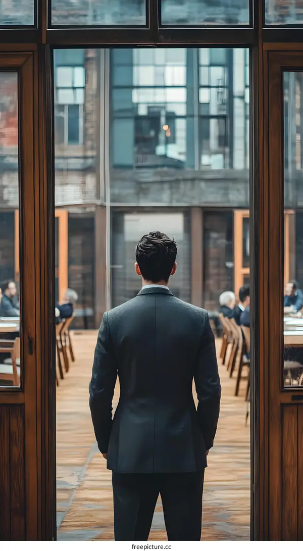 Man in Suit Looking Through Window at People in a Courtyard