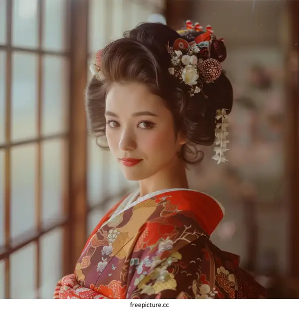 Portrait of a Japanese woman wearing a kimono