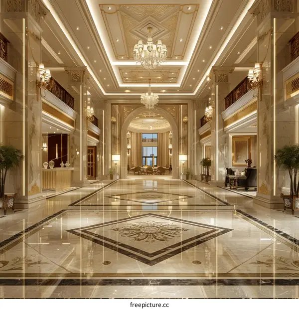 Opulent Hotel Lobby with Marble and Chandeliers