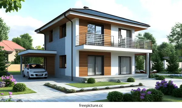 Modern Two Story House With Balcony And Garage