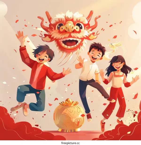 Happy Chinese New Year. Three young people celebrate the new year with a traditional dragon dance.