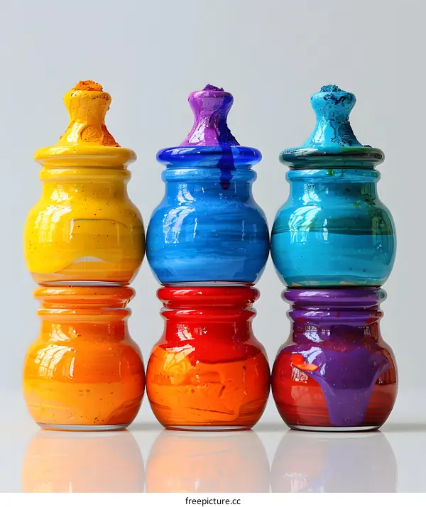 Colorful paint pots stacked on top of each other