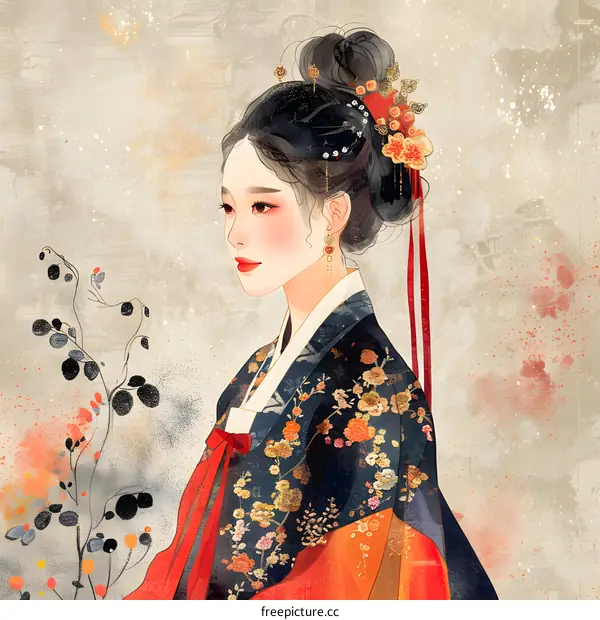 A digital painting of a young woman in a traditional Korean hanbok dress with beautiful hair and makeup