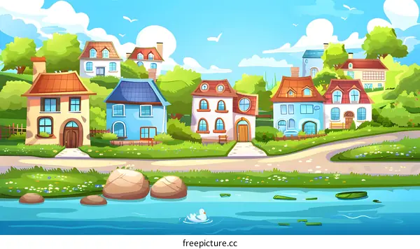 Cartoon Illustration of a Village with Houses, River, and Green Landscape