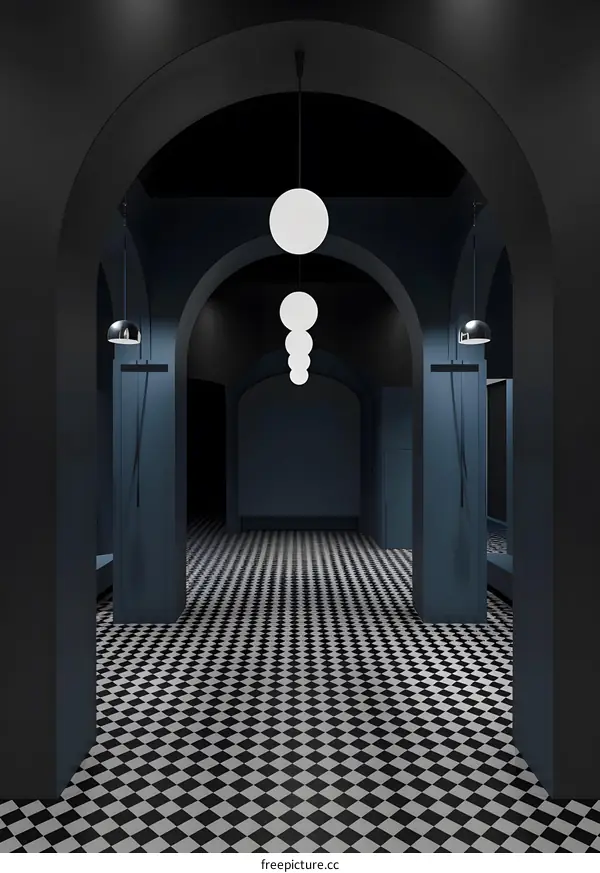 Black and White Checkered Floor with Arched Hallway and Hanging Lights