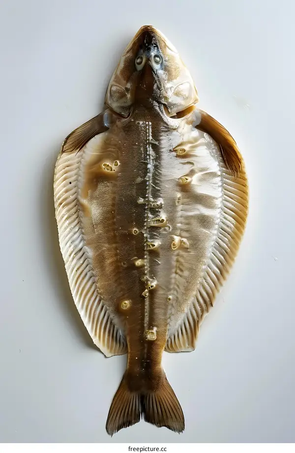 A large flounder fish lies on a white table