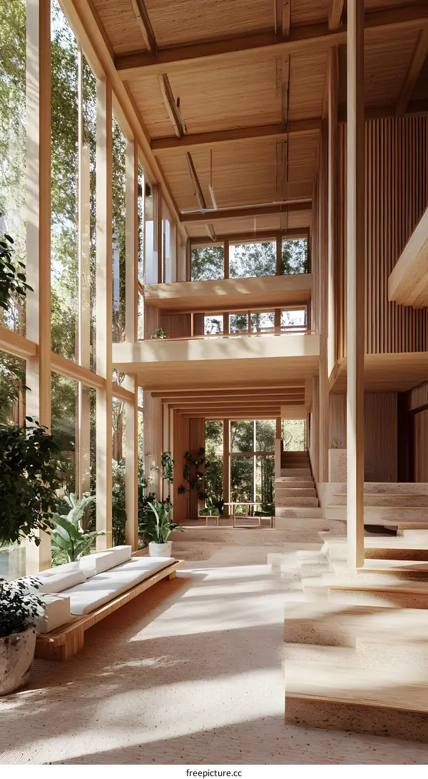 Modern Wooden House Interior Design with Large Windows and Staircase