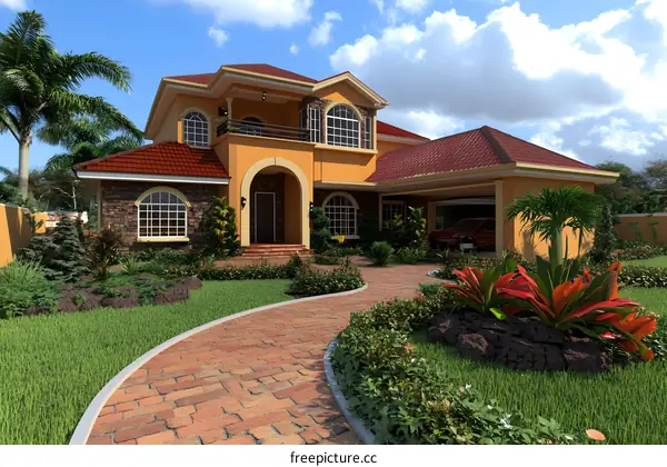 Modern House with Red Roof and Landscaping