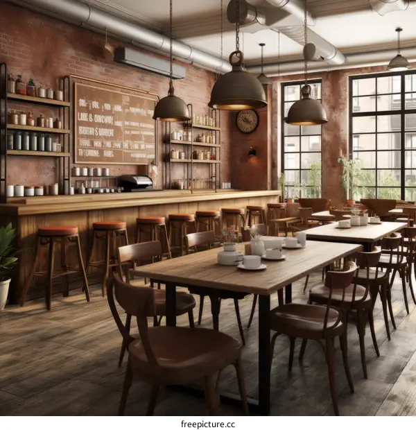 cozy vintage cafe interior with brick walls and wooden furniture