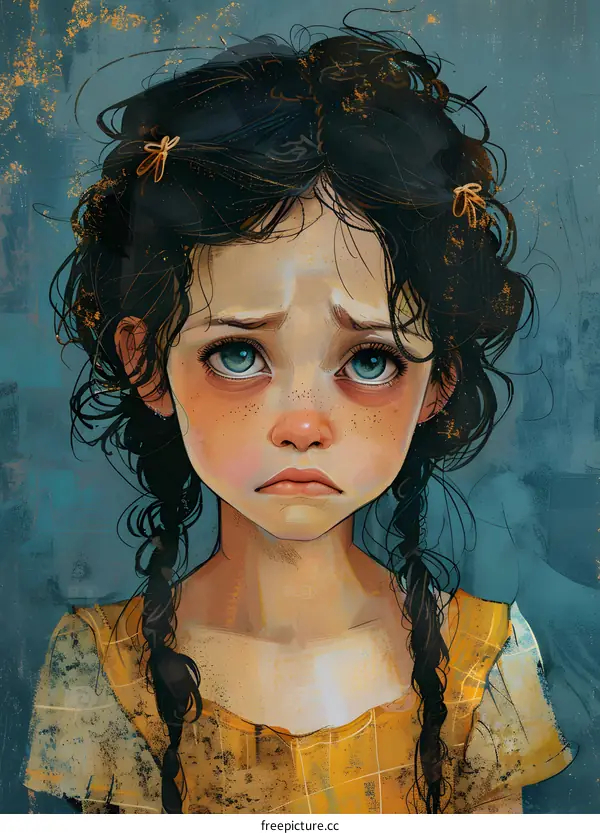 portrait of a sad girl with dark hair and blue eyes