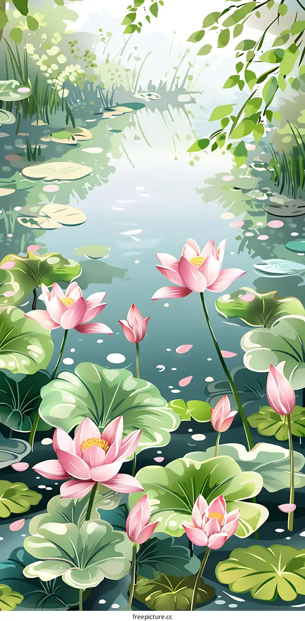 Water Lily Pond Landscape Illustration