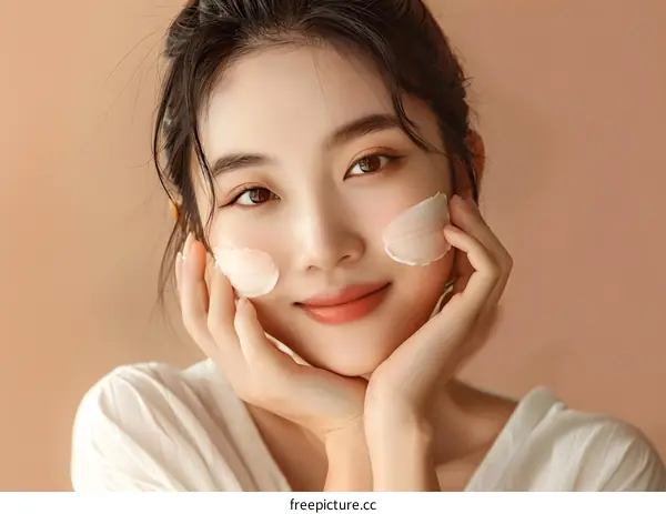 Smiling Asian Woman Applying Facial Moisturizer