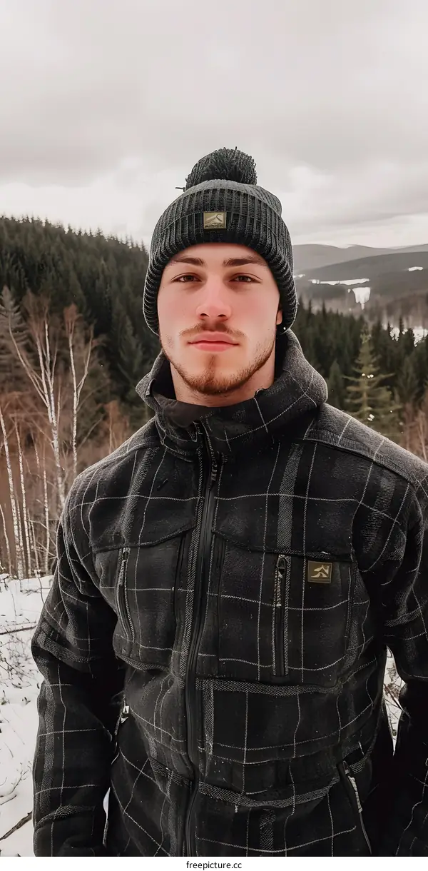 Man in Plaid Jacket Posing in a Snowy Forest