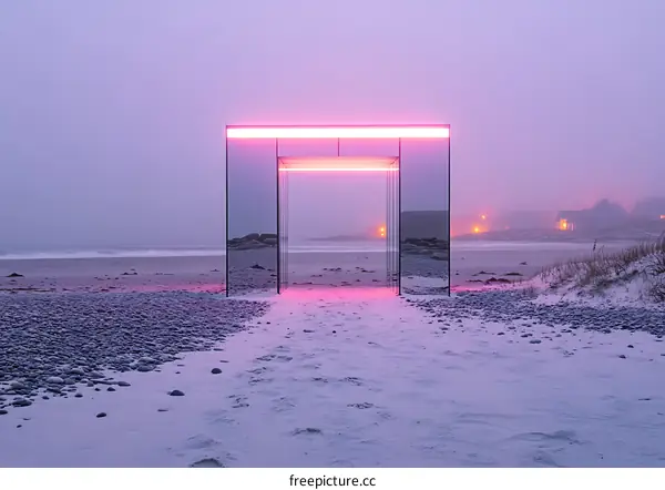 Pink Neon Light Installation On Beach