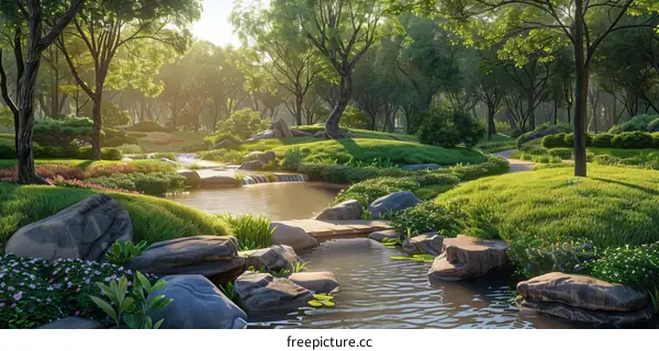 Serene Landscaped Garden with Pond and Bridge