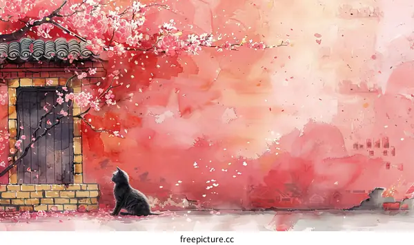 A black cat is sitting under a cherry blossom tree with pink petals falling.