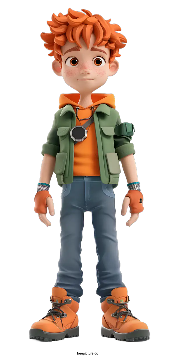 [Transparent Background PNG]Cute Cartoon Boy Character with Orange Hair in Green Jacket