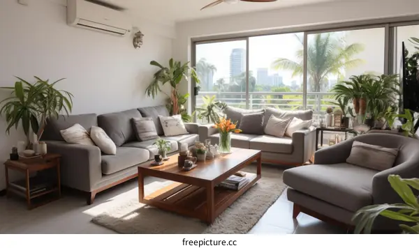 Bright living room with large windows and plants