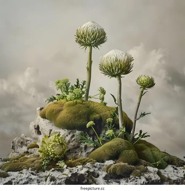 Green Plants Growing on a Rock with a Cloudy Sky Background
