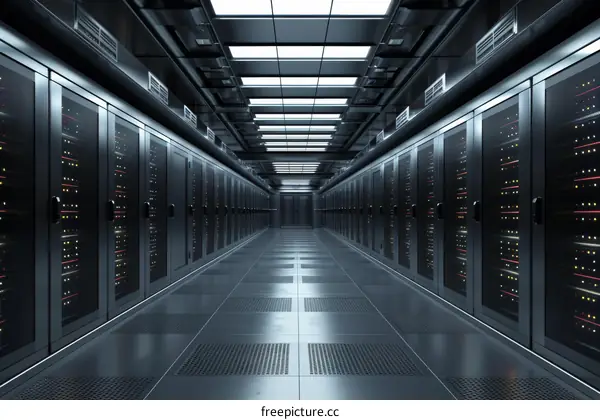 Futuristic data center with rows of server racks