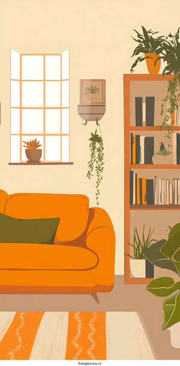 Modern Living Room Interior Design with Orange Sofa and Plants