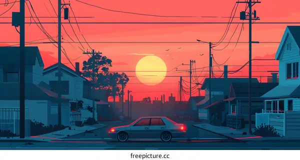 Sunset Cityscape with Car and Power Lines