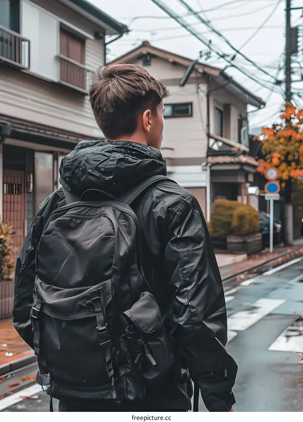 Man with Backpack Looking at the Street in Japan