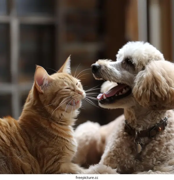 Orange cat and white dog are lying on the sofa