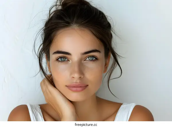 Portrait of a Young Woman with Freckles and Blue Eyes