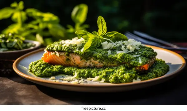 A delicious and healthy salmon dish with pesto sauce
