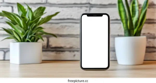 Blank Screen Smartphone Mockup On Wooden Table