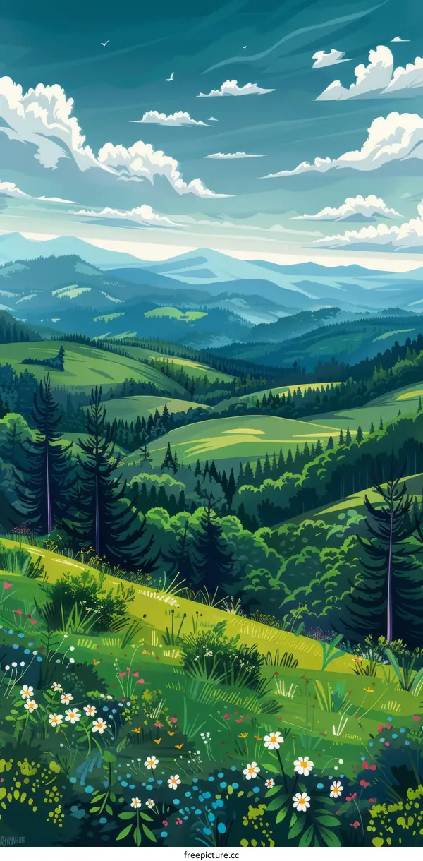 Tranquil mountain landscape with rolling hills and wildflowers