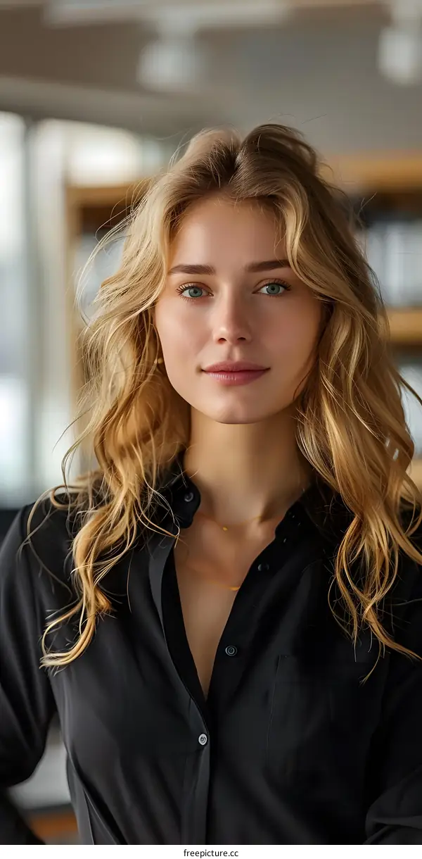 Portrait of a beautiful young woman with long blond hair wearing a black shirt