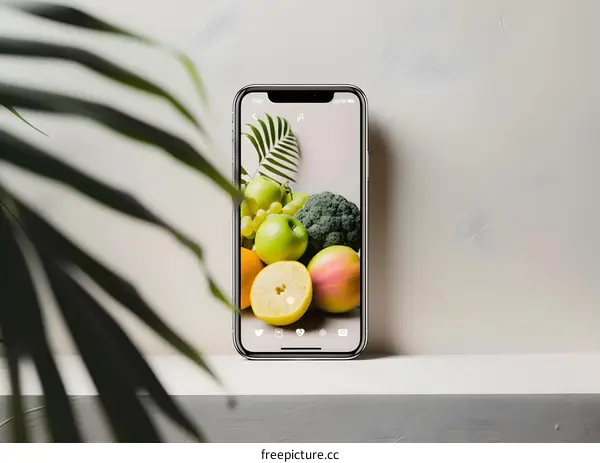 Phone on White Surface with Green Plant in Foreground