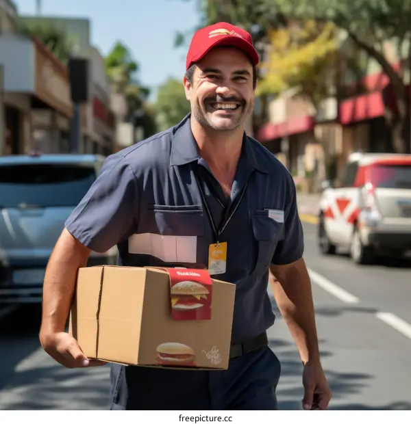 Smiling delivery man holding a box with a picture of a burger on it