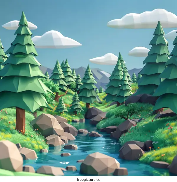 Low Poly Landscape with River, Mountains, and Trees