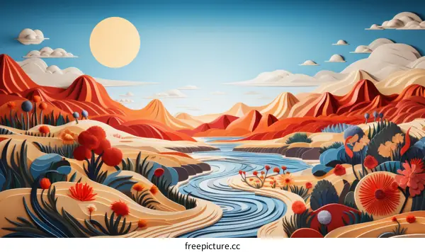 Colorful Desert Landscape Illustration with River