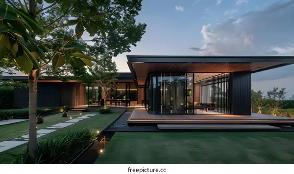 Modern Minimalist House Exterior with Large Glass Windows and Wooden Deck