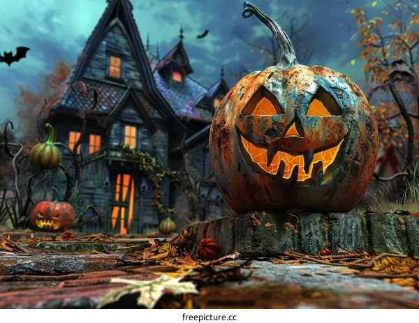 Creepy Halloween Pumpkin by Haunted House with Spooky Background
