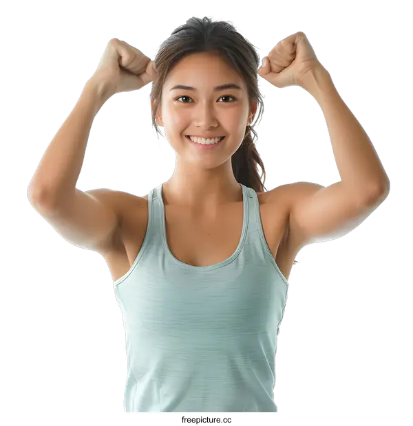 [Transparent Background PNG]Young Asian Woman Flexing Muscles