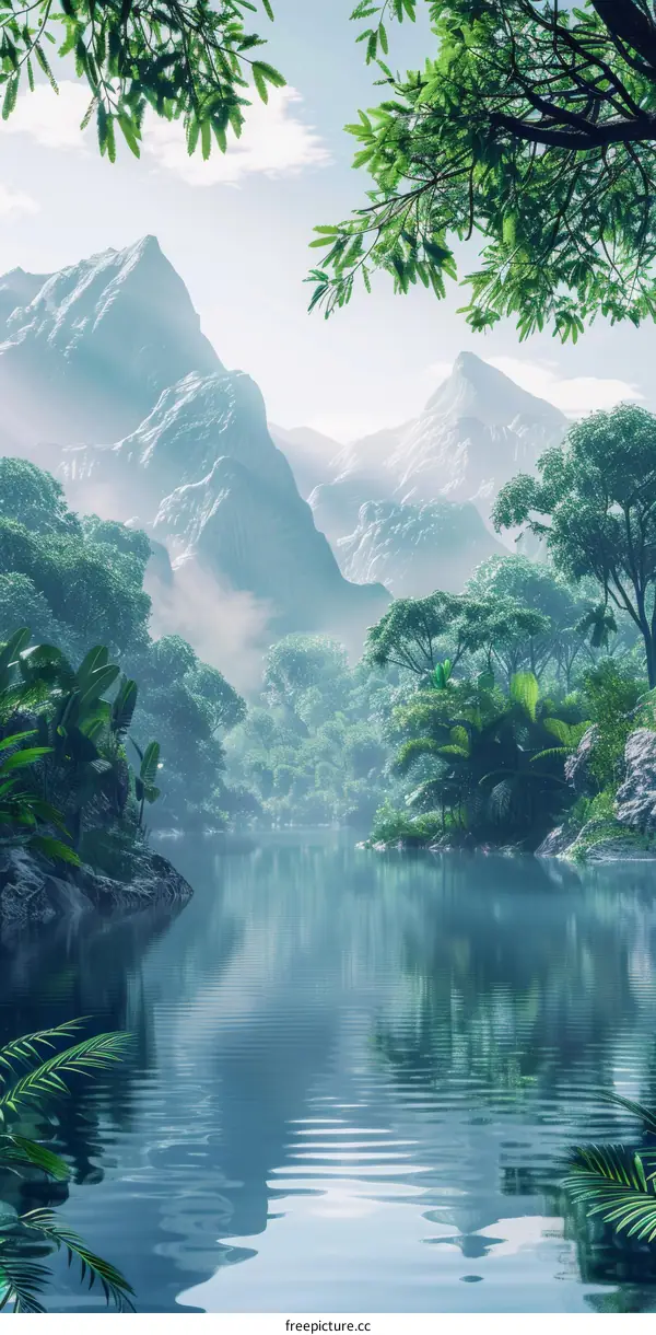 Lush Rainforest River and Mountains