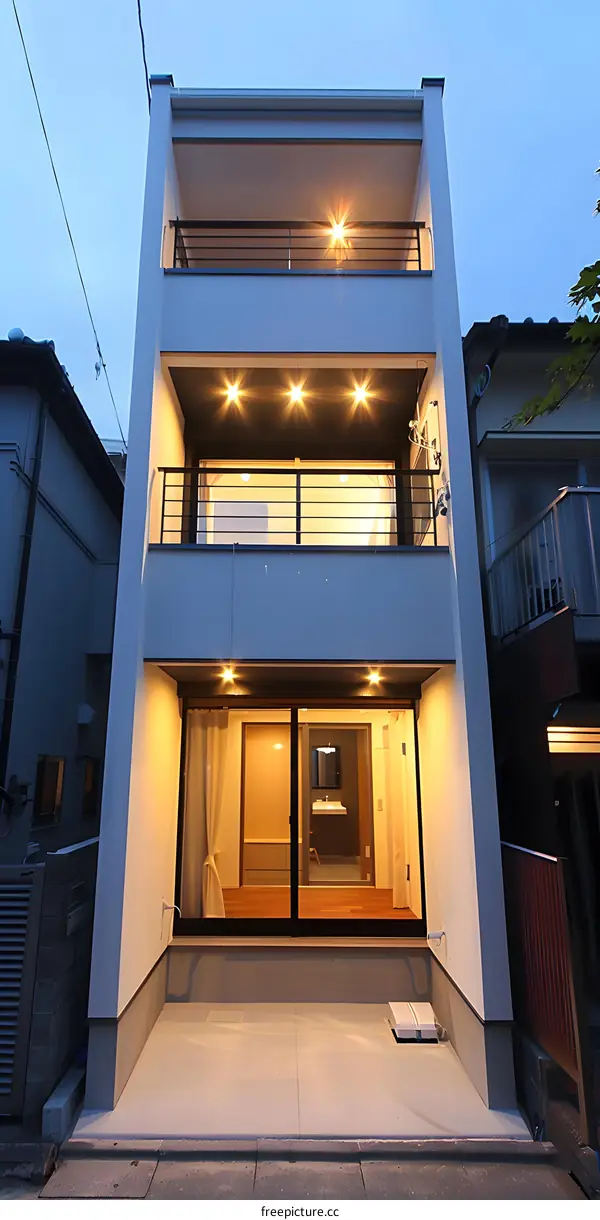 Modern Three Story House Exterior with Balcony and Patio