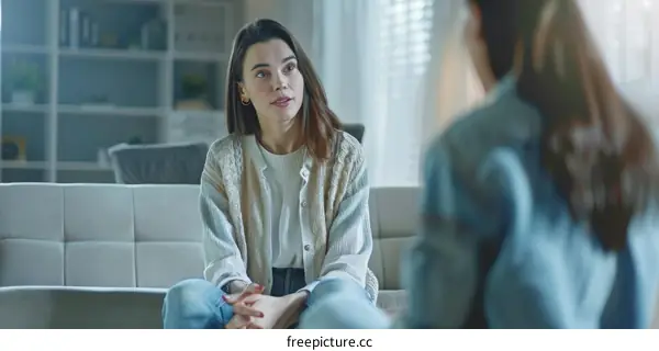 A young woman is talking to her friend in the living room.