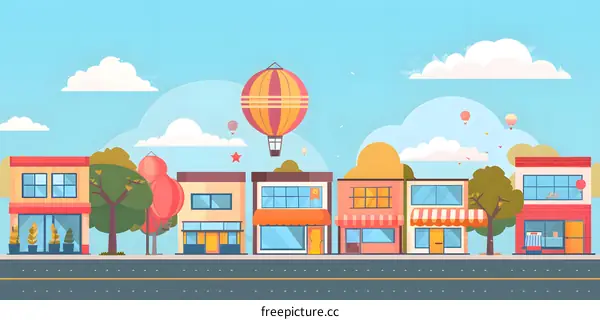 Colorful Flat Style Illustration of a City Street with Hot Air Balloons