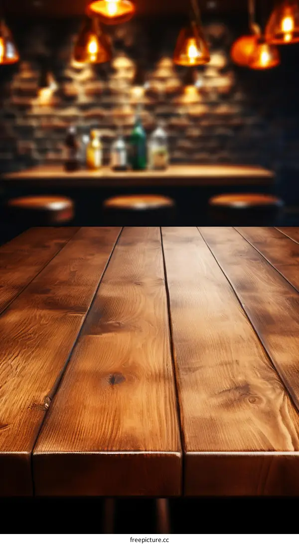 Close-up of Empty Wooden Table in Blurred Bar Interior