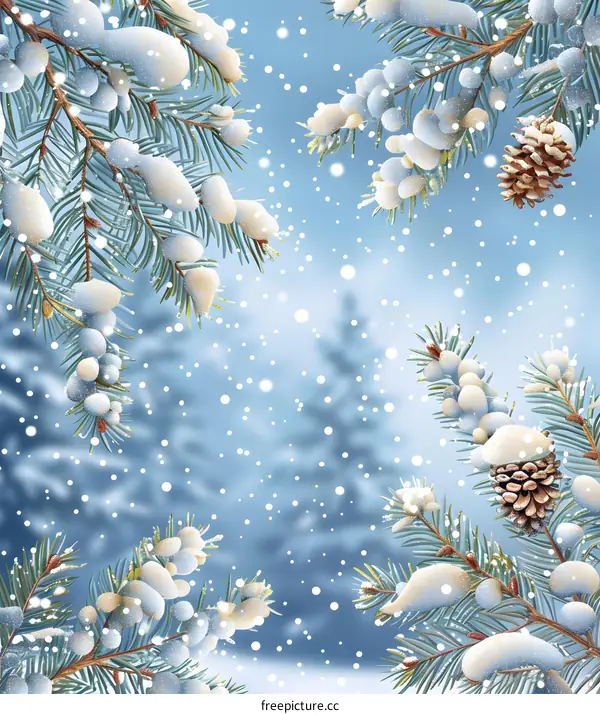 Christmas Background With Holly And Pine Cones In The Snow