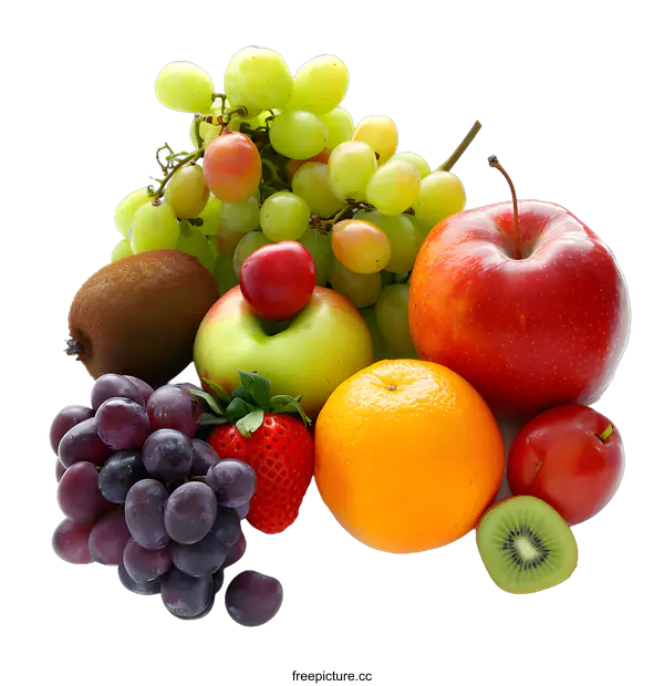 [Transparent Background PNG]Fresh Fruit Platter with Grapes, Apple, Kiwi, Orange, and Strawberry