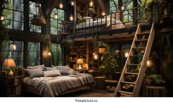 A cozy cabin nestled in the woods with a bedroom and a library